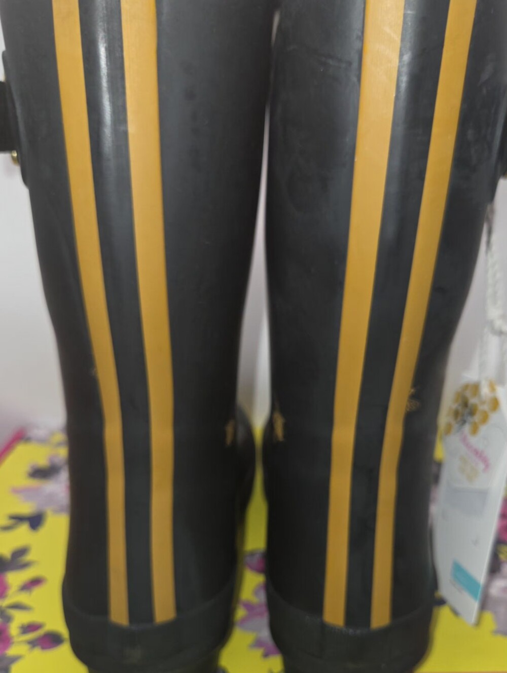 Joules Black Mid Welly Rain Boots with Gold Bee Motif - Picture 6 of 10